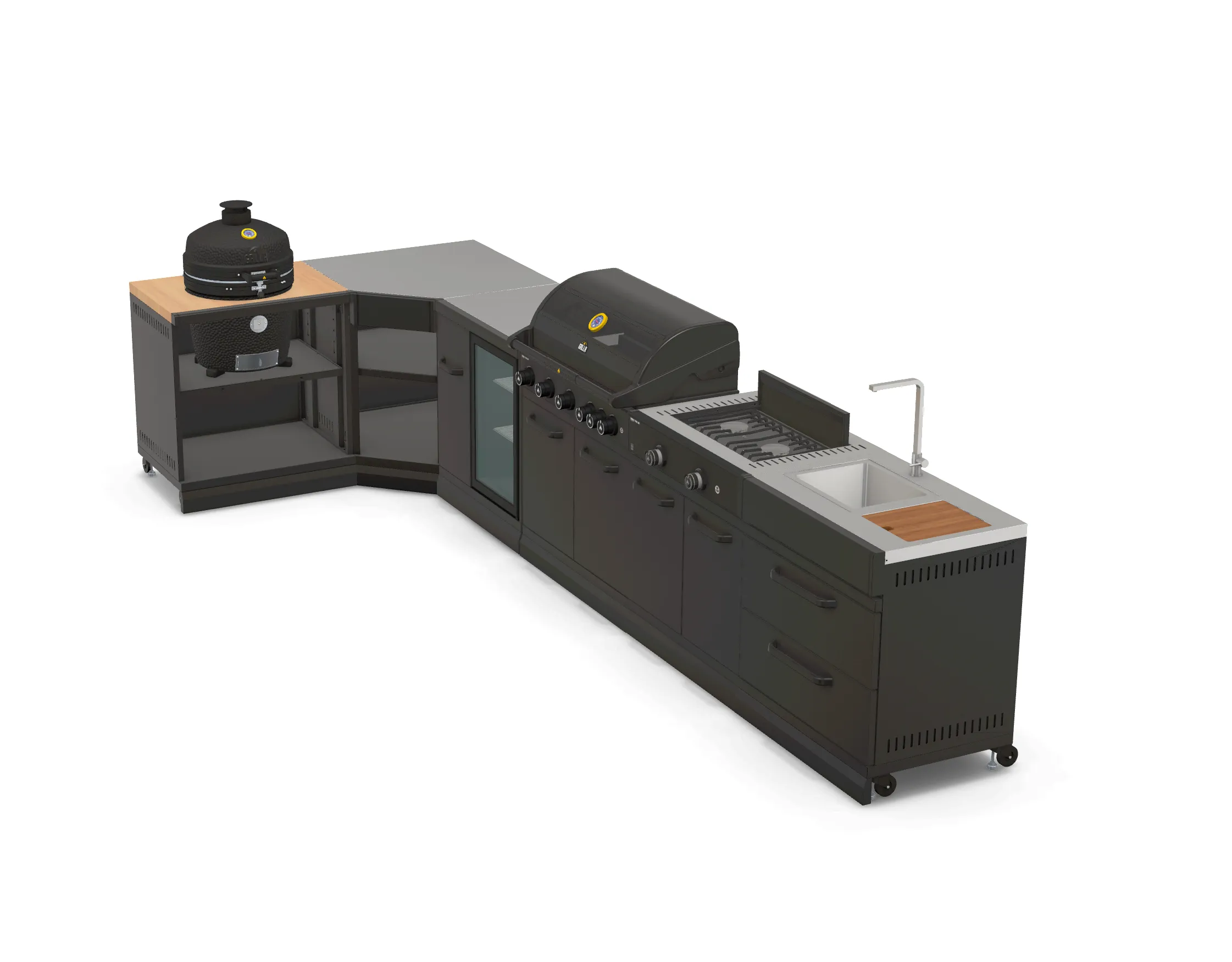 GRLLR Outdoor Kitchen L Shape, Sink, 5 Burner, Stove Fridge and kamado