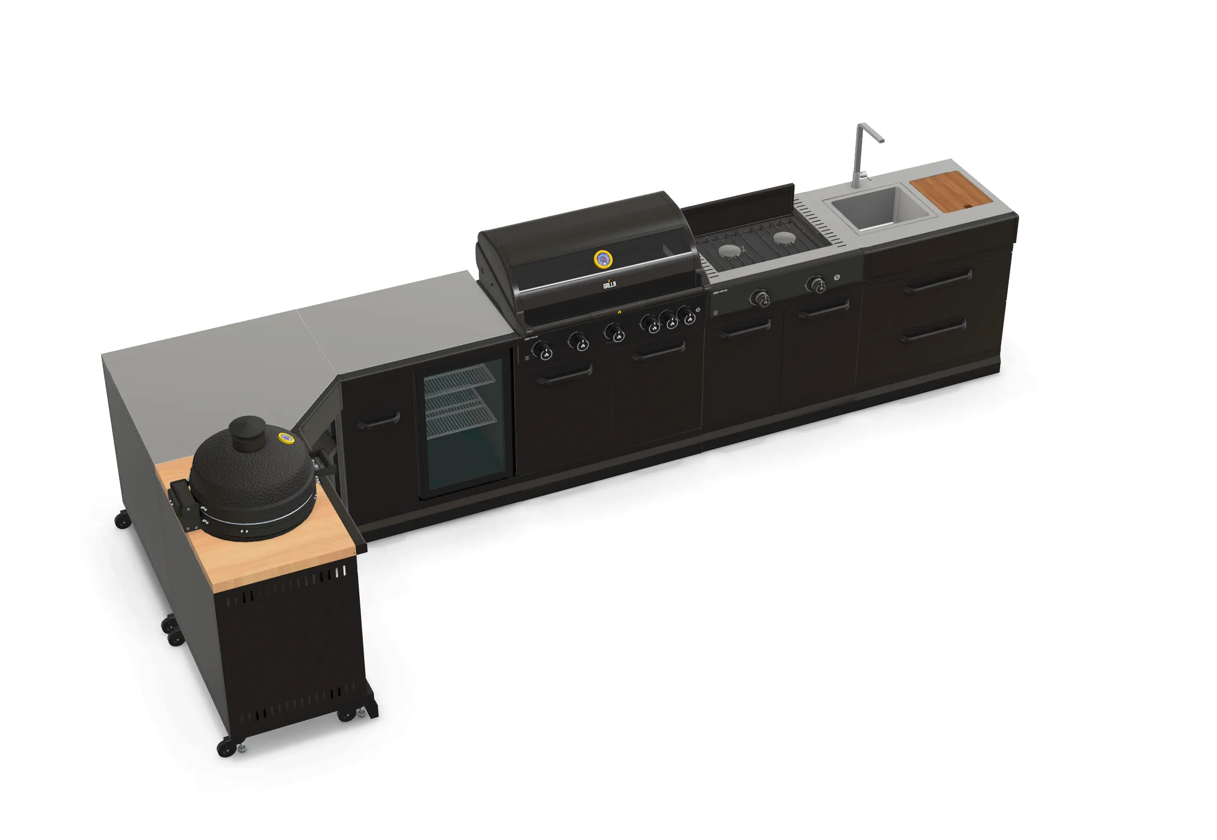 GRLLR Outdoor Kitchen L Shape, Sink, 5 Burner, Stove Fridge and kamado