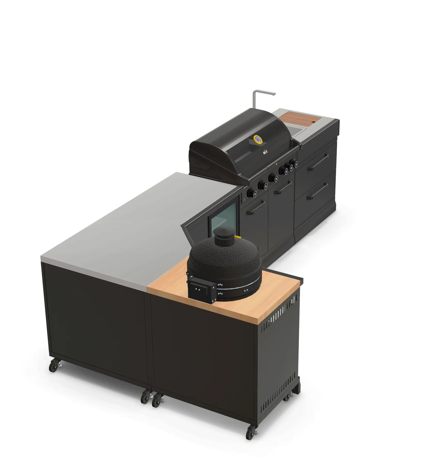 GRLLR Outdoor Kitchen L Shape, Sink, 5 Burner, Stove Fridge and kamado