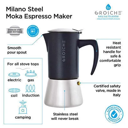 Grosche Milano Stovetop Espresso Coffee Maker Black Stainless Steel 6/10 Cup