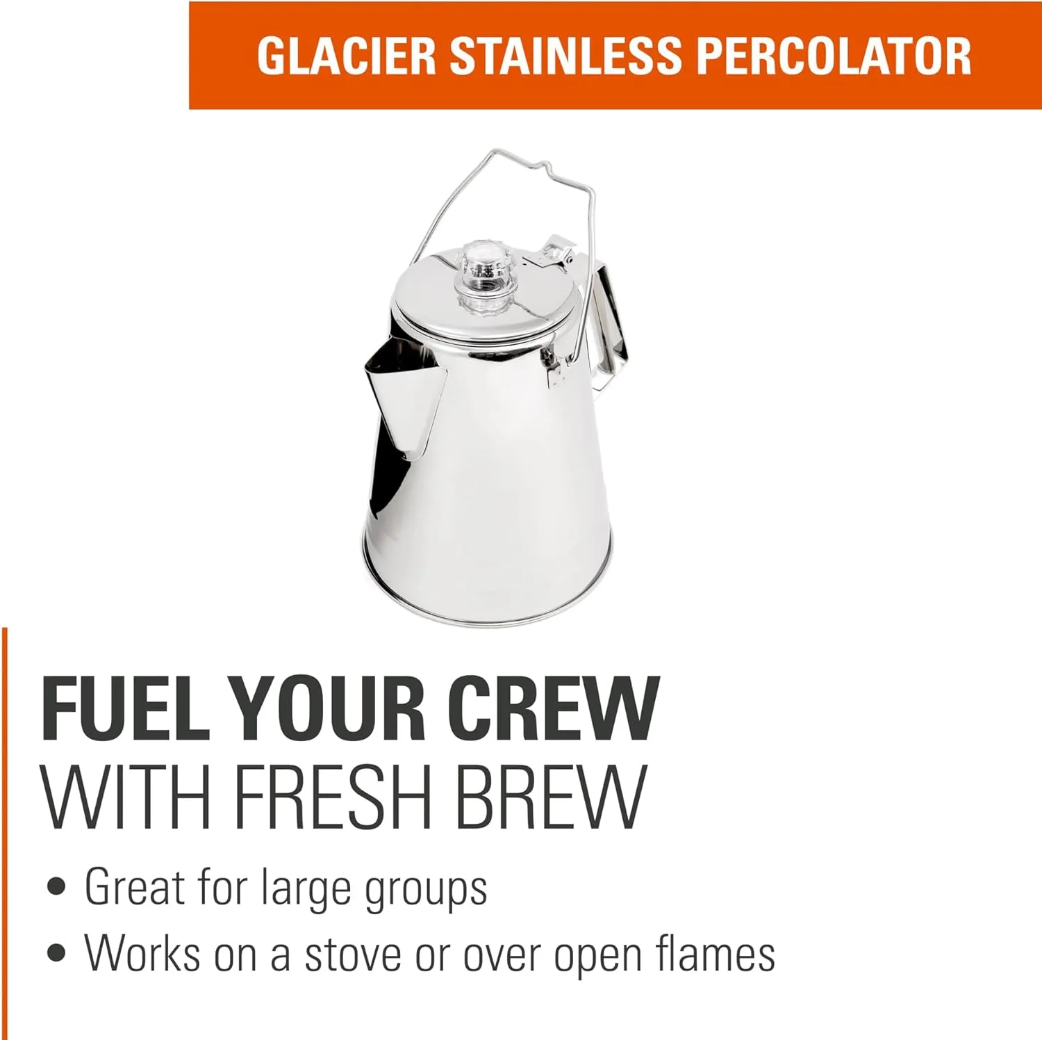 GSI Outdoors Percolator Coffee Pot I Glacier Stainless Steel Ultra-Rugged for Brewing Coffee Over Stove and Fire Ideal for Group Camping, 36 Cup