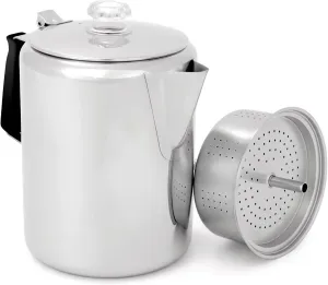 GSI Outdoors Percolator Coffee Pot I Glacier Stainless Steel with Silicone Handle for Camping, Backpacking, Travel, RV & Hunting - Stove Safe