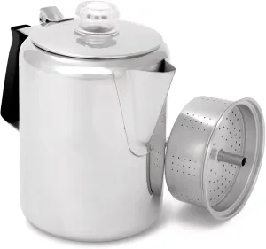 GSI Outdoors Percolator Coffee Pot I Glacier Stainless Steel with Silicone Handle for Camping, Backpacking, Travel, RV & Hunting - Stove Safe