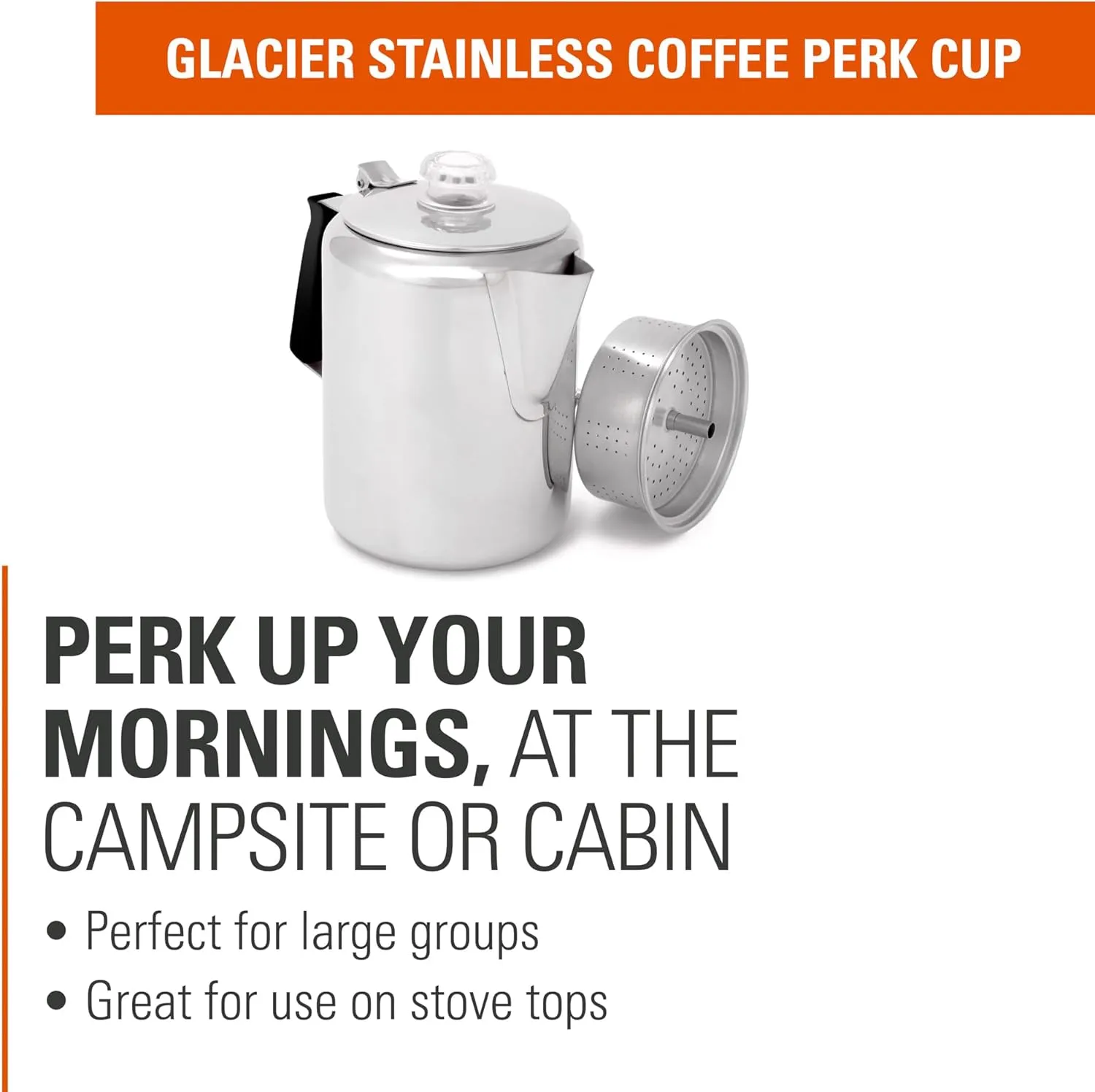 GSI Outdoors Percolator Coffee Pot I Glacier Stainless Steel with Silicone Handle for Camping, Backpacking, Travel, RV & Hunting - Stove Safe