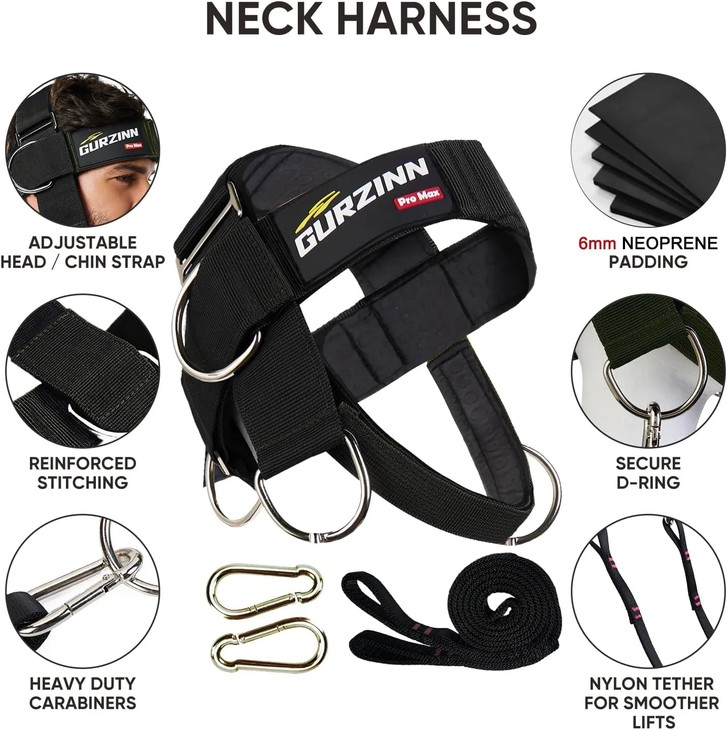 【GurZinn】Neck Trainer | Adjustable 40" Rope & Neoprene Padding | Strength Building for Gym/Home