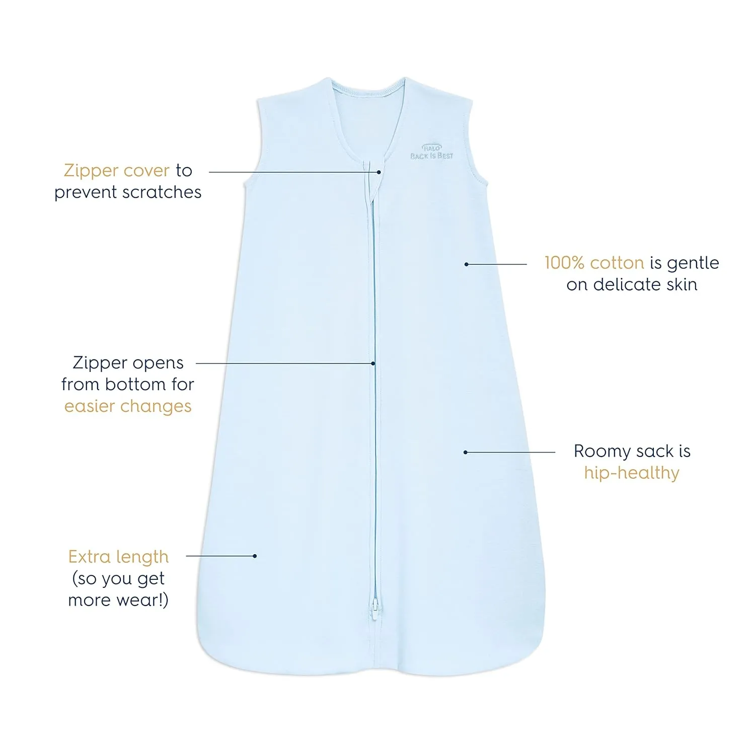 HALO Sleepsack, 100% Cotton Wearable Blanket, Swaddle Transition Sleeping Bag, TOG 0.5, Baby Blue, X-Large