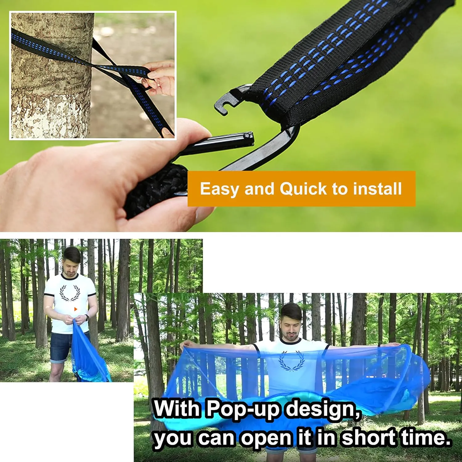 Hammock with Net Lightweight Portable Single Double Hammock Swing Sleeping Bed Outdoor Picnic Hiking Camping Backpacking Travel Backyard Beach Easy to Install Setup (Black)