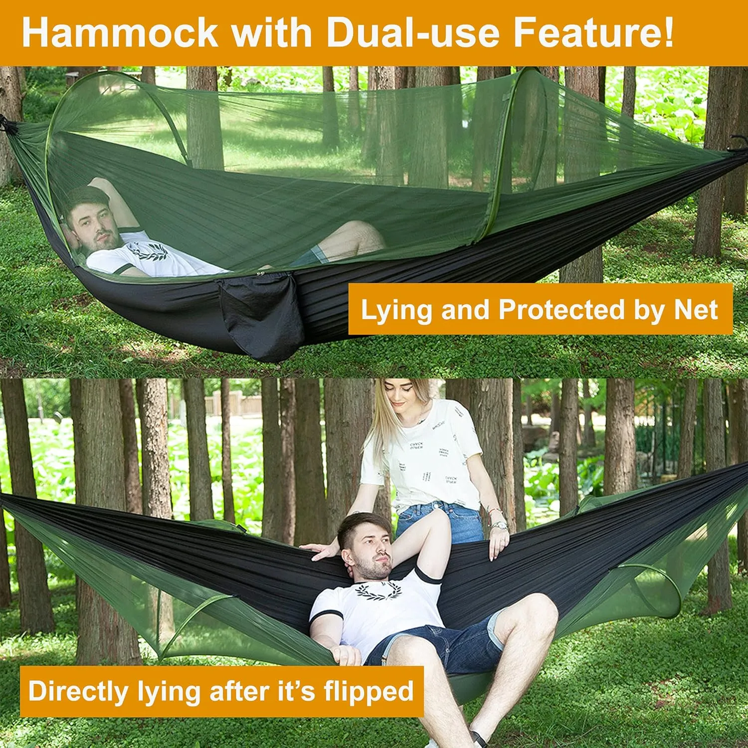 Hammock with Net Lightweight Portable Single Double Hammock Swing Sleeping Bed Outdoor Picnic Hiking Camping Backpacking Travel Backyard Beach Easy to Install Setup (Black)