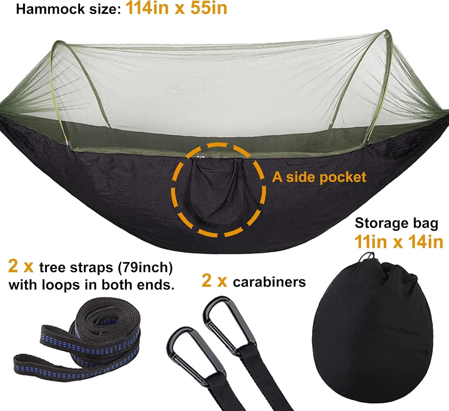 Hammock with Net Lightweight Portable Single Double Hammock Swing Sleeping Bed Outdoor Picnic Hiking Camping Backpacking Travel Backyard Beach Easy to Install Setup (Black)