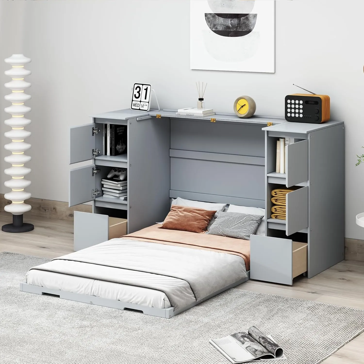 Harper & Bright Designs Twin Size Murphy Bed Wall Bed Cabinet with High Stools, Storage Drawers, Cabinets and USB Ports, Space-Saving for Multipurpose Guest Room or Home Office, Gray