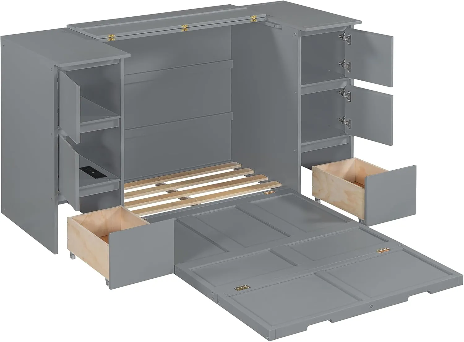 Harper & Bright Designs Twin Size Murphy Bed Wall Bed Cabinet with High Stools, Storage Drawers, Cabinets and USB Ports, Space-Saving for Multipurpose Guest Room or Home Office, Gray
