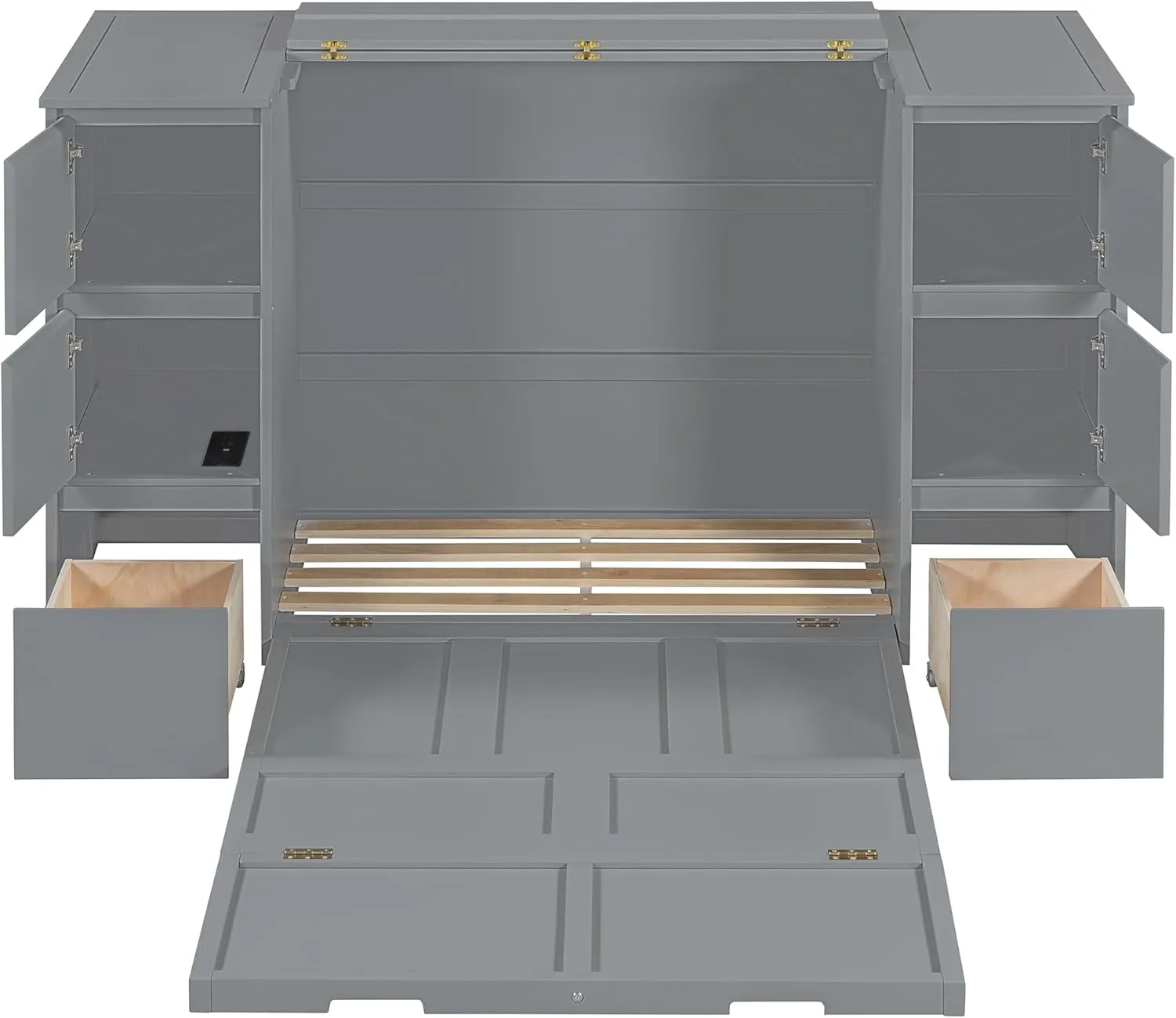 Harper & Bright Designs Twin Size Murphy Bed Wall Bed Cabinet with High Stools, Storage Drawers, Cabinets and USB Ports, Space-Saving for Multipurpose Guest Room or Home Office, Gray