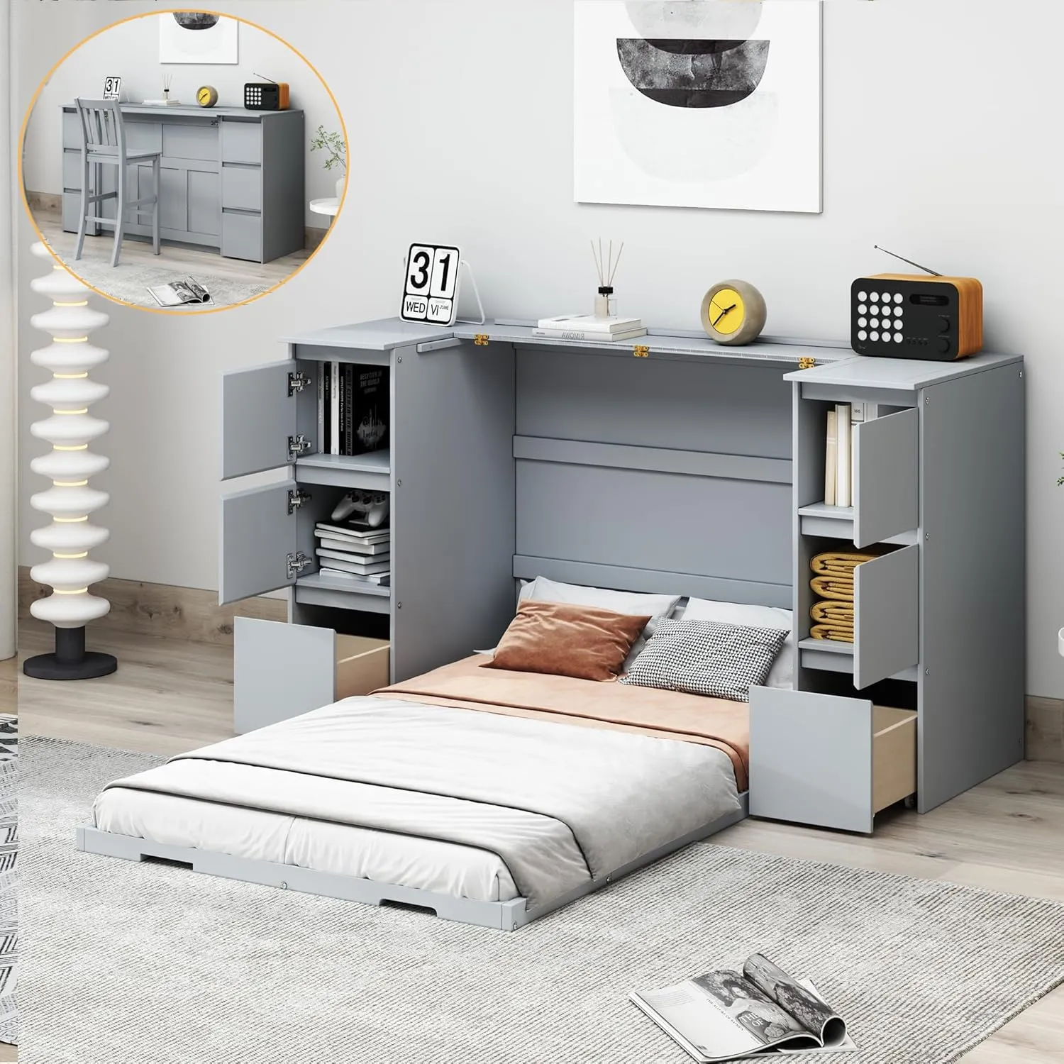 Harper & Bright Designs Twin Size Murphy Bed Wall Bed Cabinet with High Stools, Storage Drawers, Cabinets and USB Ports, Space-Saving for Multipurpose Guest Room or Home Office, Gray