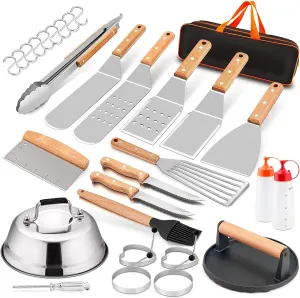 HaSteeL Griddle Accessories Set of 20, Complete Stainless Steel Griddle Spatula Tools with 9” Melting Dome, Heavy Duty Metal Spatulas Choppers Cast Iron Grill Press for Flat Top Teppanyaki BBQ Outdoor