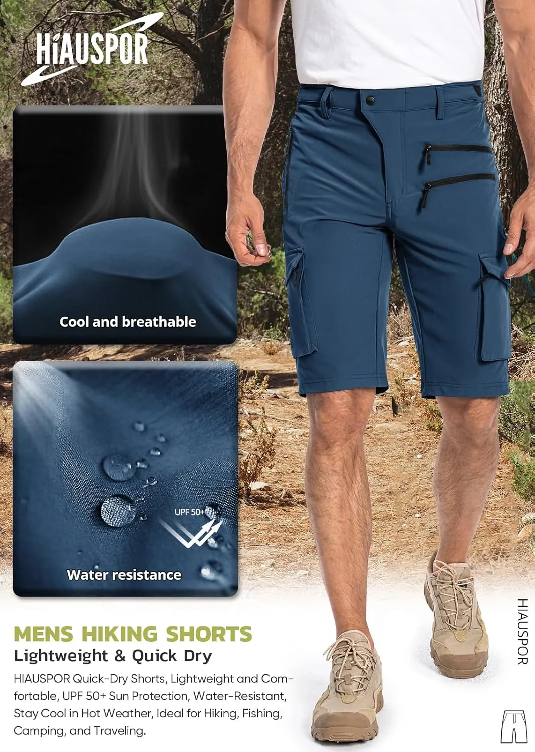 Hiauspor Men's Hiking Cargo Shorts Quick Dry Lightweight Casual Fishing Tactical Golf for Outdoor with 5 Pockets