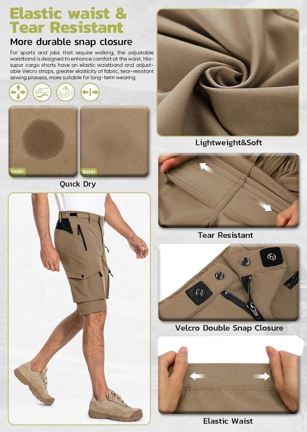 Hiauspor Men's Hiking Cargo Shorts Quick Dry Lightweight Casual Fishing Tactical Golf for Outdoor with 5 Pockets