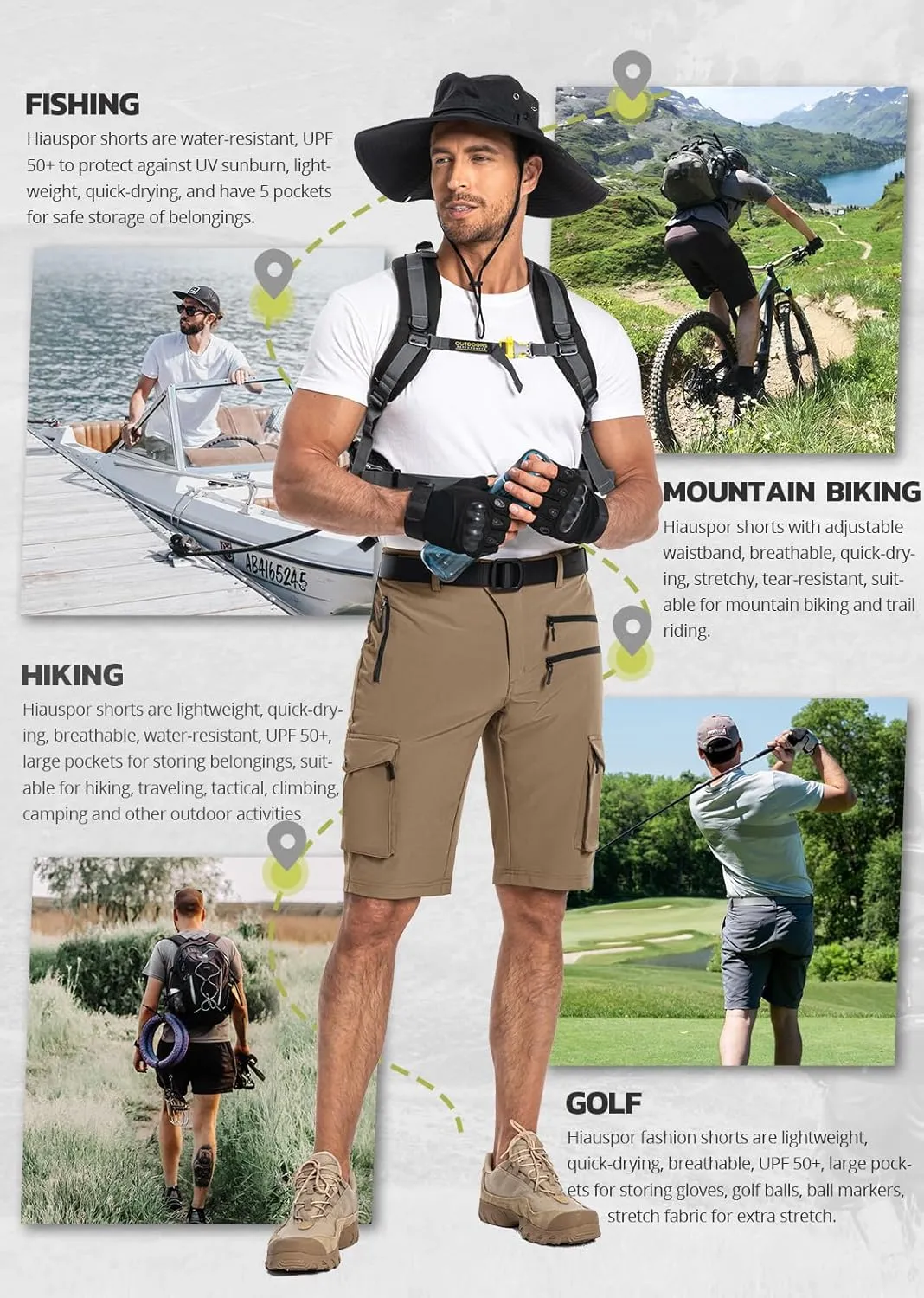 Hiauspor Men's Hiking Cargo Shorts Quick Dry Lightweight Casual Fishing Tactical Golf for Outdoor with 5 Pockets