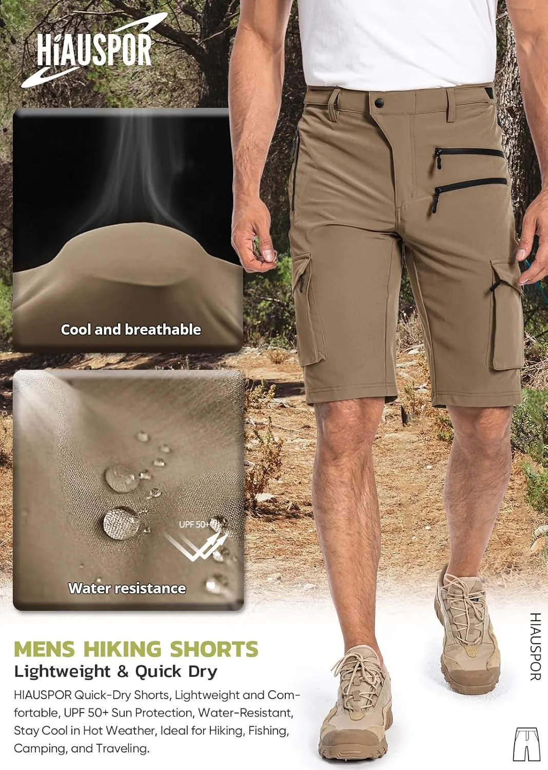 Hiauspor Men's Hiking Cargo Shorts Quick Dry Lightweight Casual Fishing Tactical Golf for Outdoor with 5 Pockets
