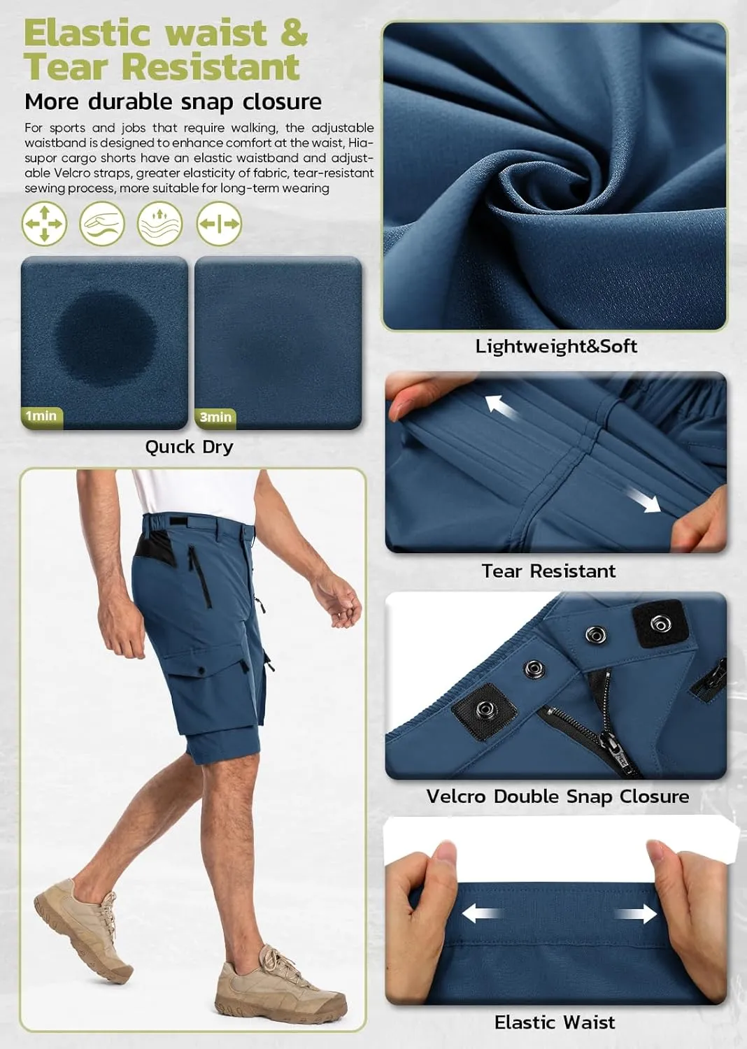 Hiauspor Men's Hiking Cargo Shorts Quick Dry Lightweight Casual Fishing Tactical Golf for Outdoor with 5 Pockets
