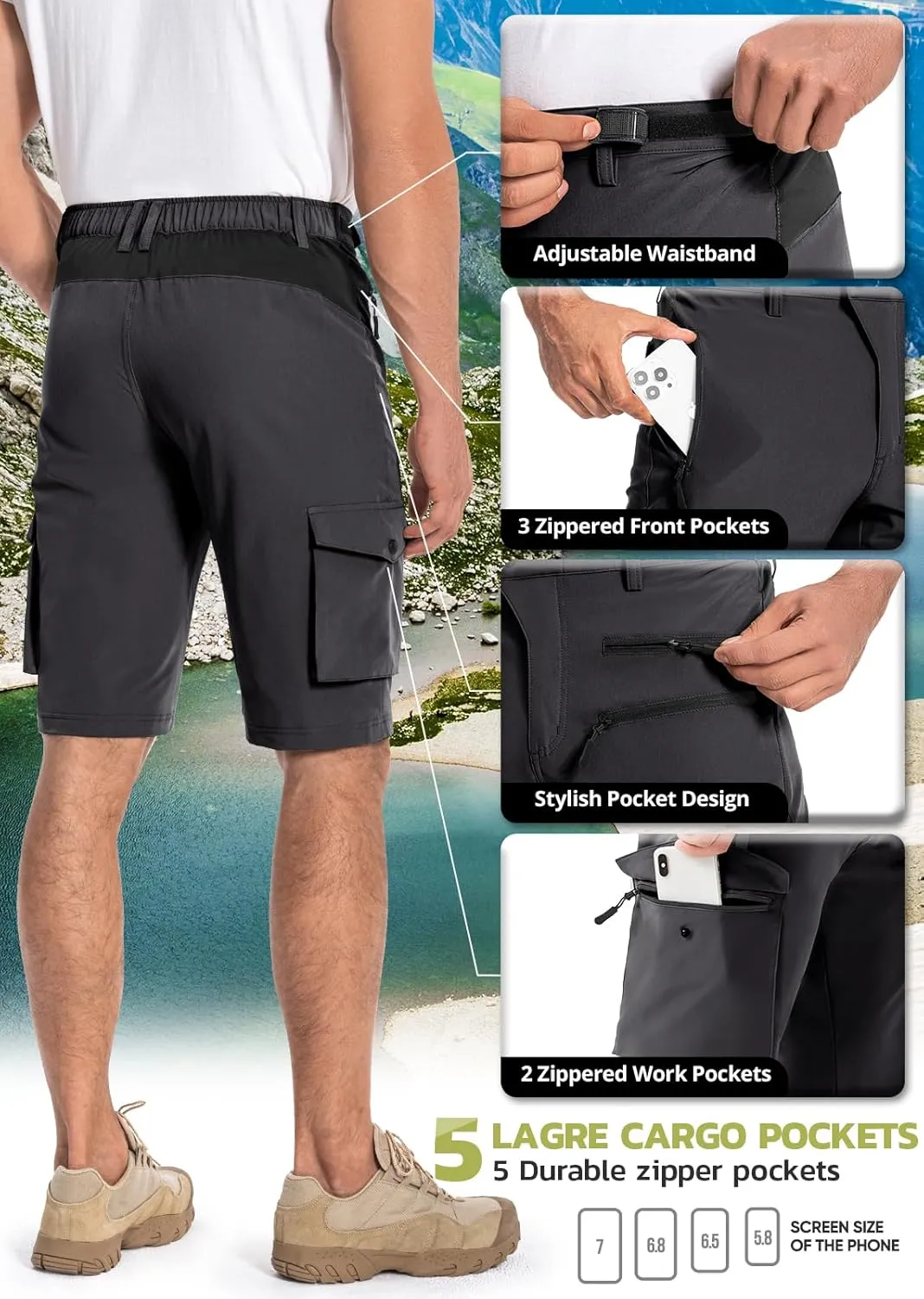 Hiauspor Men's Hiking Cargo Shorts Quick Dry Lightweight Casual Fishing Tactical Golf for Outdoor with 5 Pockets