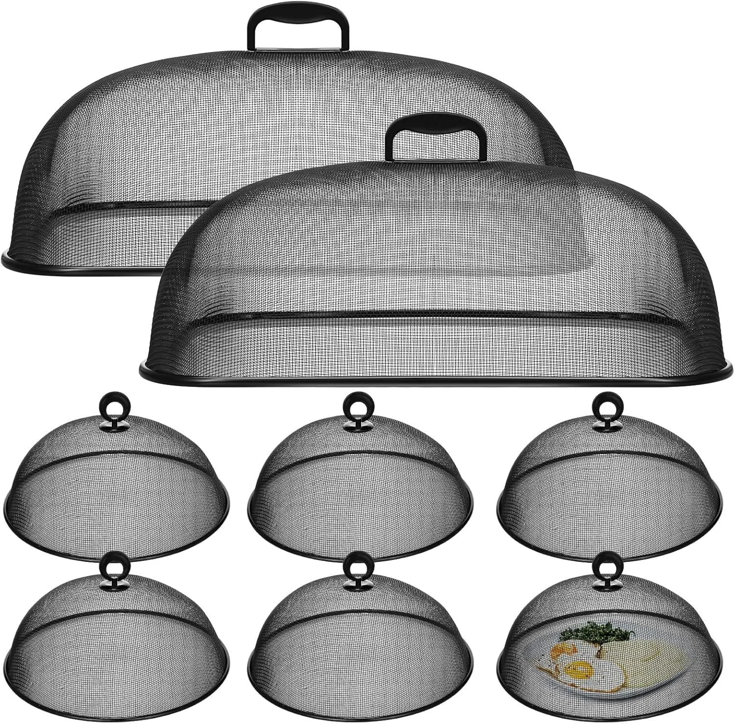 Hicarer 8 Pcs Metal Mesh Screen Food Cover for Outdoors Set Including 2 Pcs Extra Large 18.5 in Mesh Food Tents for Outdoor 6 Pcs 11 in Large Dome Picnic Food Covers Mesh Food Covers (Black)