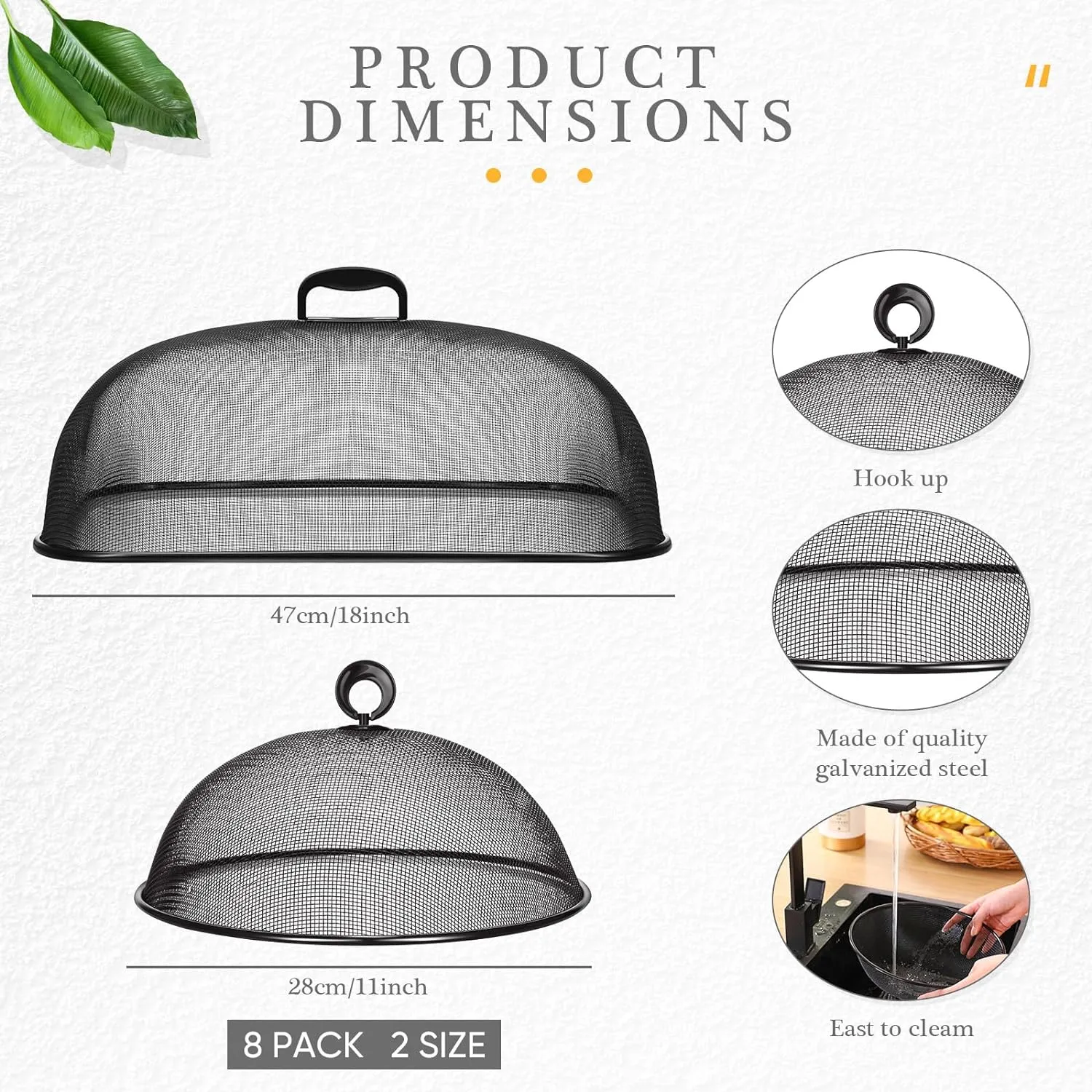Hicarer 8 Pcs Metal Mesh Screen Food Cover for Outdoors Set Including 2 Pcs Extra Large 18.5 in Mesh Food Tents for Outdoor 6 Pcs 11 in Large Dome Picnic Food Covers Mesh Food Covers (Black)