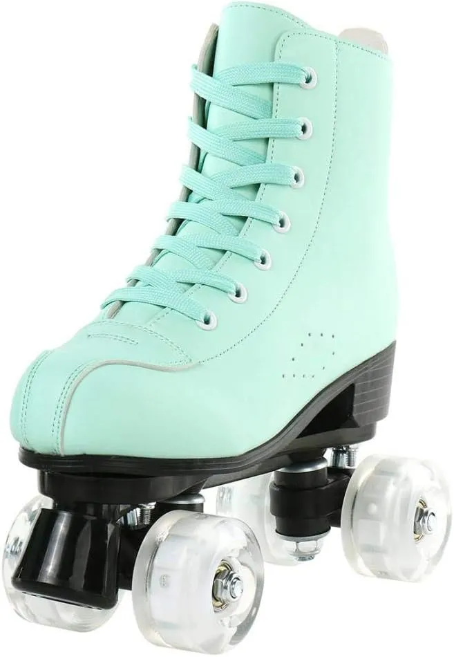 High-Top Roller Skates for Women - Cozy Green PU Leather, Indoor Outdoor Double-Row Skates for Beginners With Shoes Bag