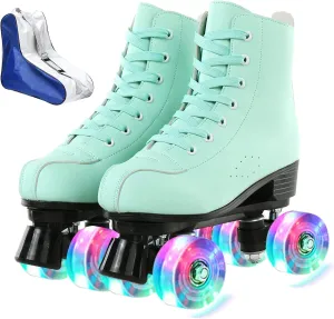 High-Top Roller Skates for Women - Cozy Green PU Leather, Indoor Outdoor Double-Row Skates for Beginners With Shoes Bag