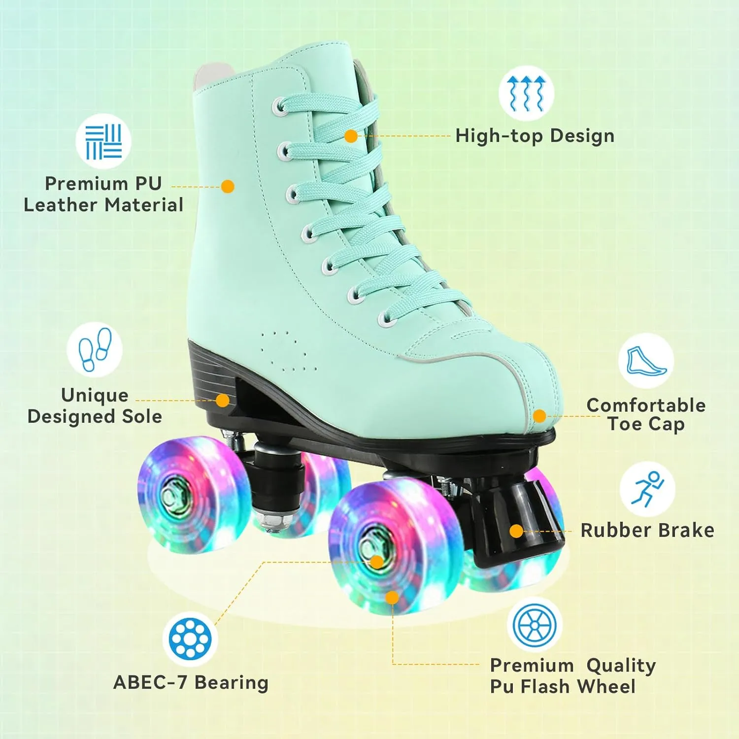 High-Top Roller Skates for Women - Cozy Green PU Leather, Indoor Outdoor Double-Row Skates for Beginners With Shoes Bag