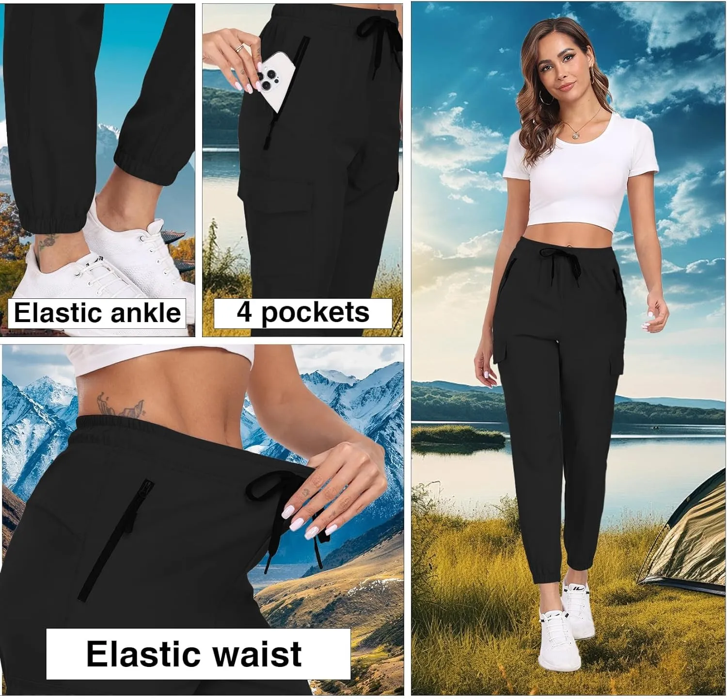 Hiking Pants for Women UPF 50  Cargo Quick Dry Water Resistant Elastic Waist Zip Pockets Travel Work Lightweight Running
