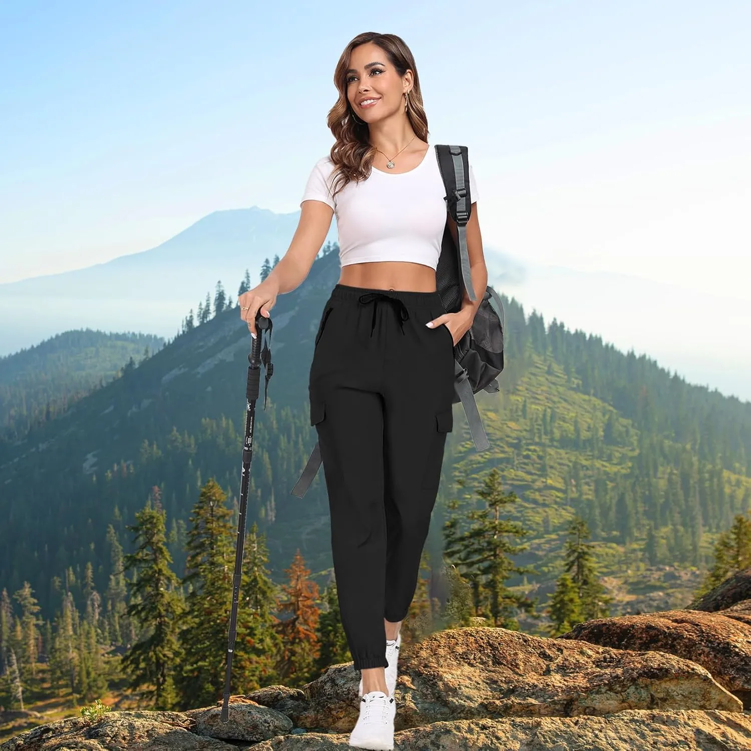 Hiking Pants for Women UPF 50  Cargo Quick Dry Water Resistant Elastic Waist Zip Pockets Travel Work Lightweight Running