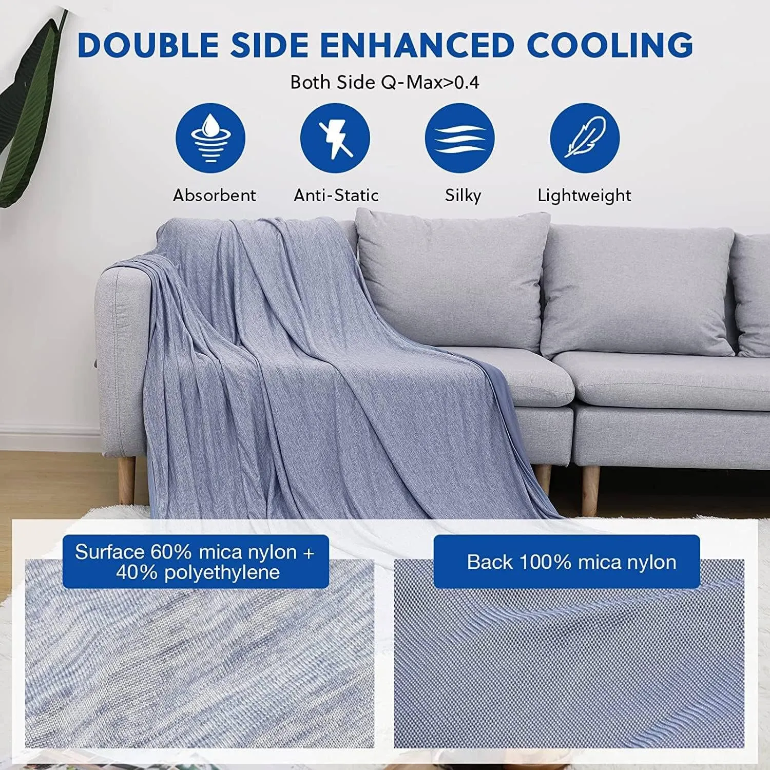 HOMFINE Cooling Blankets for Hot Sleepers - Summer Blanket Thin Lightweight Breathable Soft Double Side Enhanced Cooling for Bed Couch Sofa, Keep Cool for Night Sweats (Blue, 90 x 90 inches)