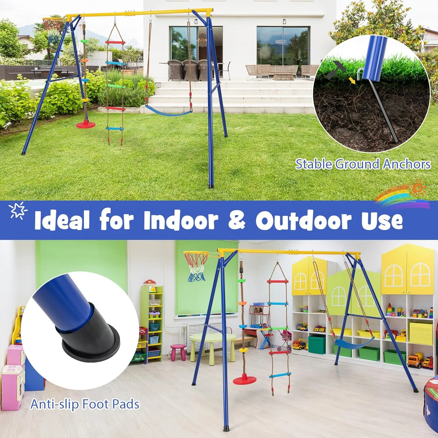 HONEY JOY 660 lbs Swing Sets for Backyard, Heavy Duty Metal A-Frame Swing Stand w/Disc Rope Swing, Belt Swing, Climbing Ladder, Basketball Hoop, Swingset Outdoor for Kids, Swing Set for Toddlers 3-9