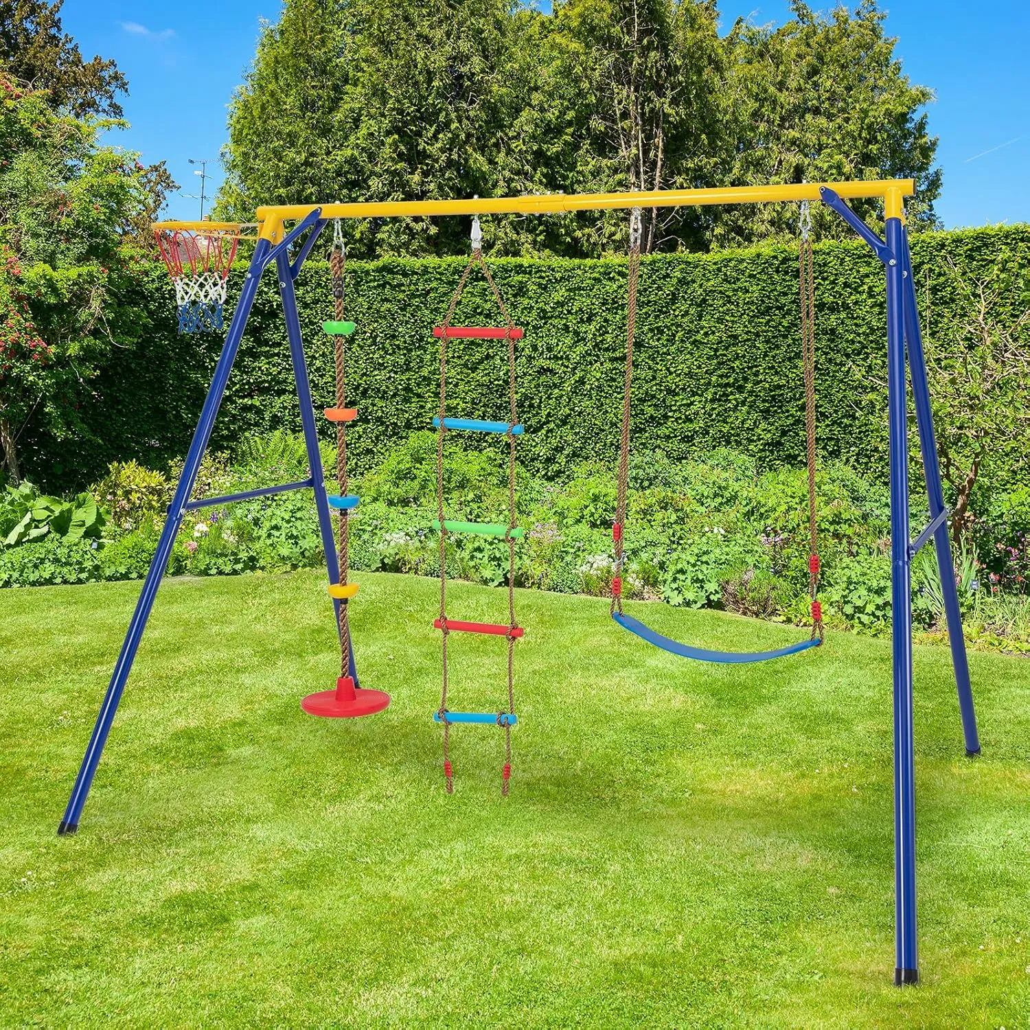 HONEY JOY 660 lbs Swing Sets for Backyard, Heavy Duty Metal A-Frame Swing Stand w/Disc Rope Swing, Belt Swing, Climbing Ladder, Basketball Hoop, Swingset Outdoor for Kids, Swing Set for Toddlers 3-9