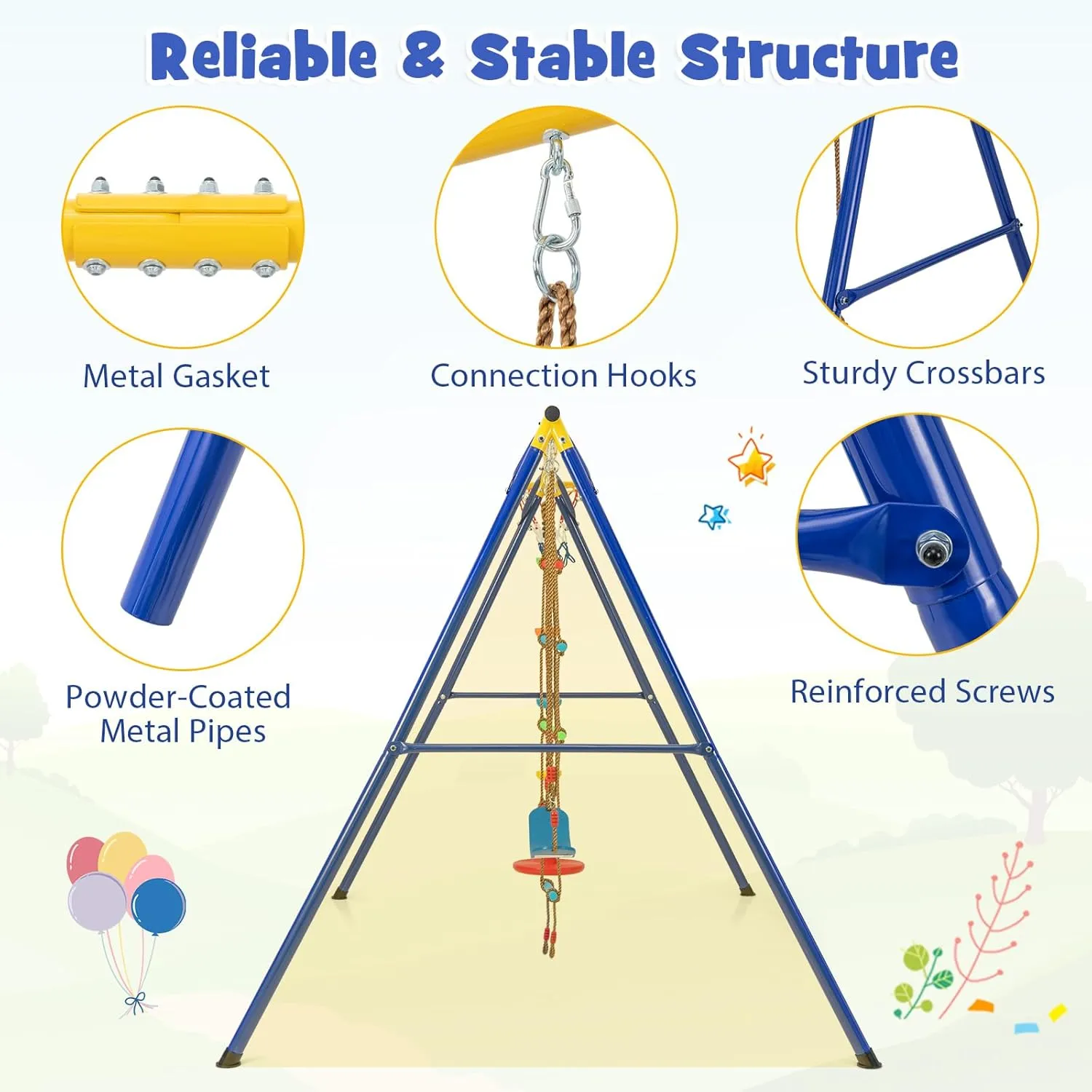 HONEY JOY 660 lbs Swing Sets for Backyard, Heavy Duty Metal A-Frame Swing Stand w/Disc Rope Swing, Belt Swing, Climbing Ladder, Basketball Hoop, Swingset Outdoor for Kids, Swing Set for Toddlers 3-9