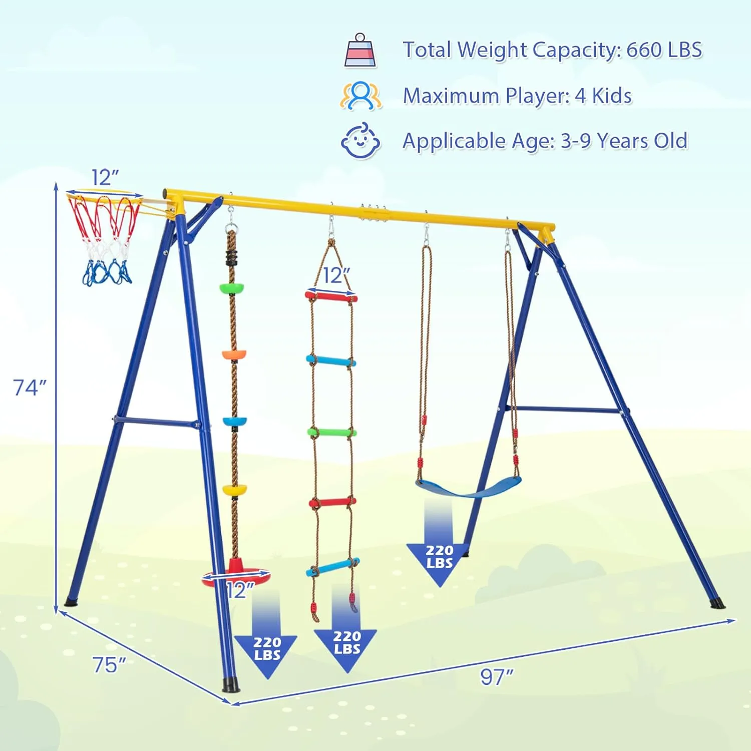 HONEY JOY 660 lbs Swing Sets for Backyard, Heavy Duty Metal A-Frame Swing Stand w/Disc Rope Swing, Belt Swing, Climbing Ladder, Basketball Hoop, Swingset Outdoor for Kids, Swing Set for Toddlers 3-9