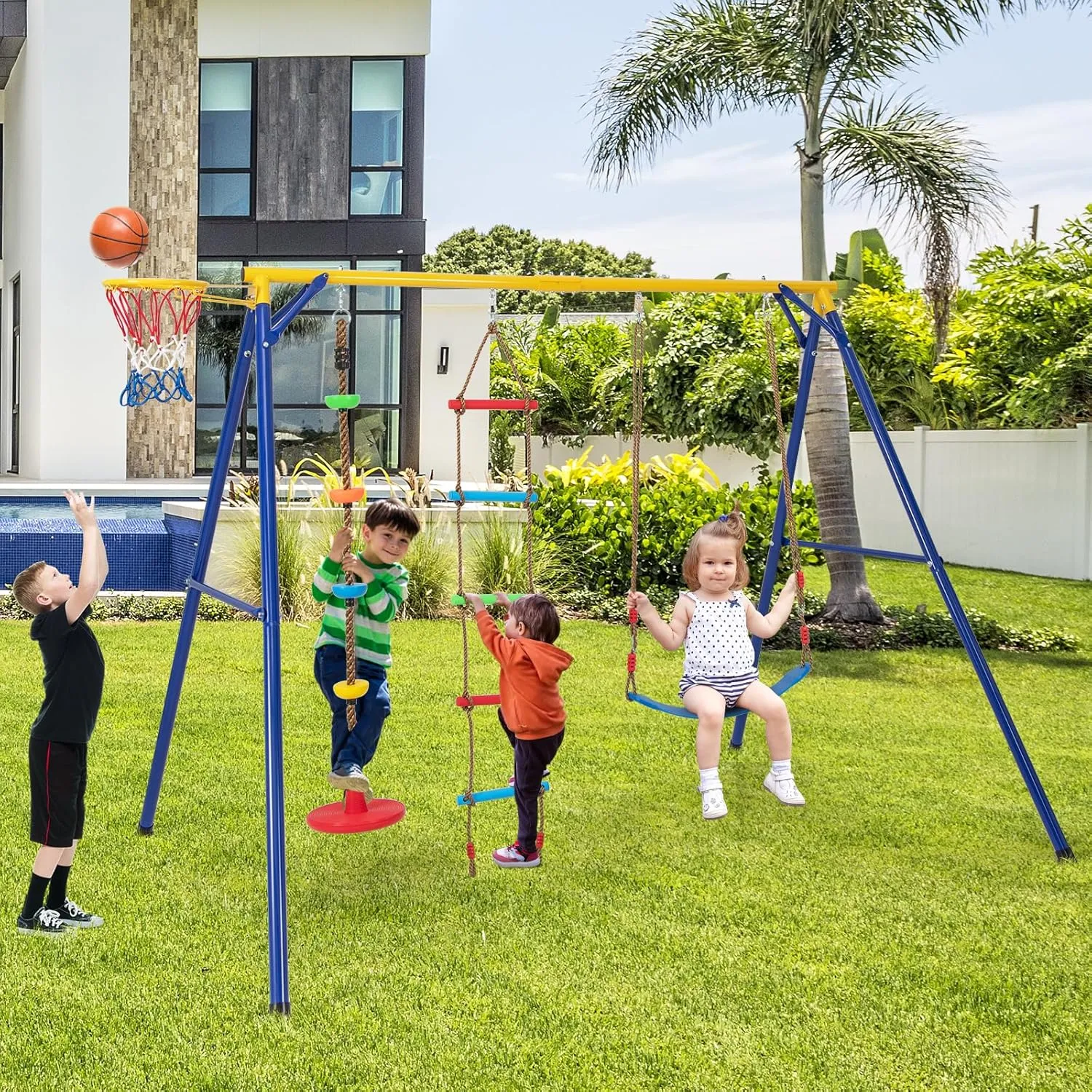 HONEY JOY 660 lbs Swing Sets for Backyard, Heavy Duty Metal A-Frame Swing Stand w/Disc Rope Swing, Belt Swing, Climbing Ladder, Basketball Hoop, Swingset Outdoor for Kids, Swing Set for Toddlers 3-9