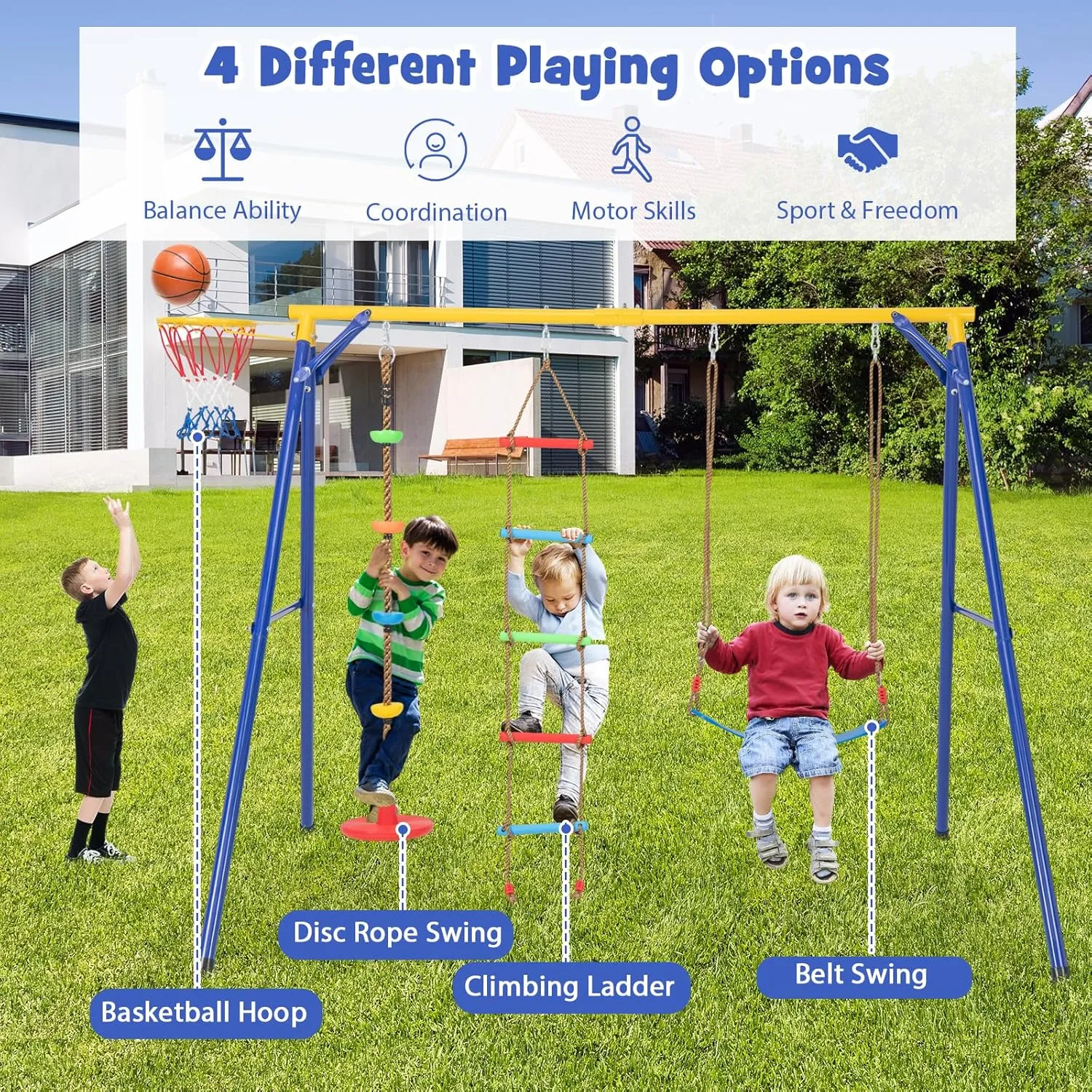 HONEY JOY 660 lbs Swing Sets for Backyard, Heavy Duty Metal A-Frame Swing Stand w/Disc Rope Swing, Belt Swing, Climbing Ladder, Basketball Hoop, Swingset Outdoor for Kids, Swing Set for Toddlers 3-9