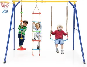 HONEY JOY 660 lbs Swing Sets for Backyard, Heavy Duty Metal A-Frame Swing Stand w/Disc Rope Swing, Belt Swing, Climbing Ladder, Basketball Hoop, Swingset Outdoor for Kids, Swing Set for Toddlers 3-9