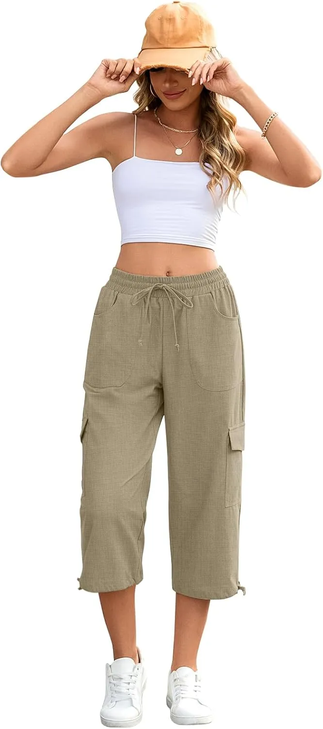 HOTGIFT Women Capris Cargo Pants 2025 Summer Hiking Pants Casual Lightweight Outdoor Quick Dry with 6 Pockets