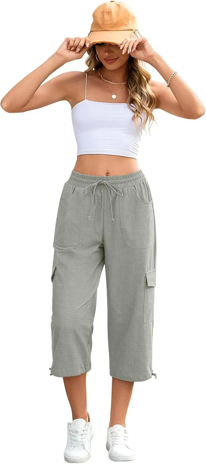 HOTGIFT Women Capris Cargo Pants 2025 Summer Hiking Pants Casual Lightweight Outdoor Quick Dry with 6 Pockets