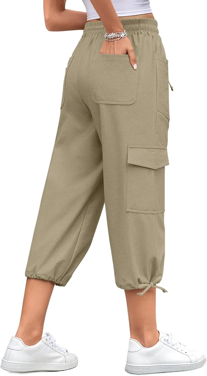 HOTGIFT Women Capris Cargo Pants 2025 Summer Hiking Pants Casual Lightweight Outdoor Quick Dry with 6 Pockets