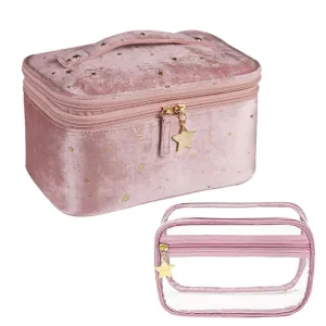 HOYOFO Double-layer Makeup Bags for Women Multifunctional Travel Cosmetic Bag Set of 2 Velvet Cosmetic Storage Case with Brush Holders (F-Pink Set)