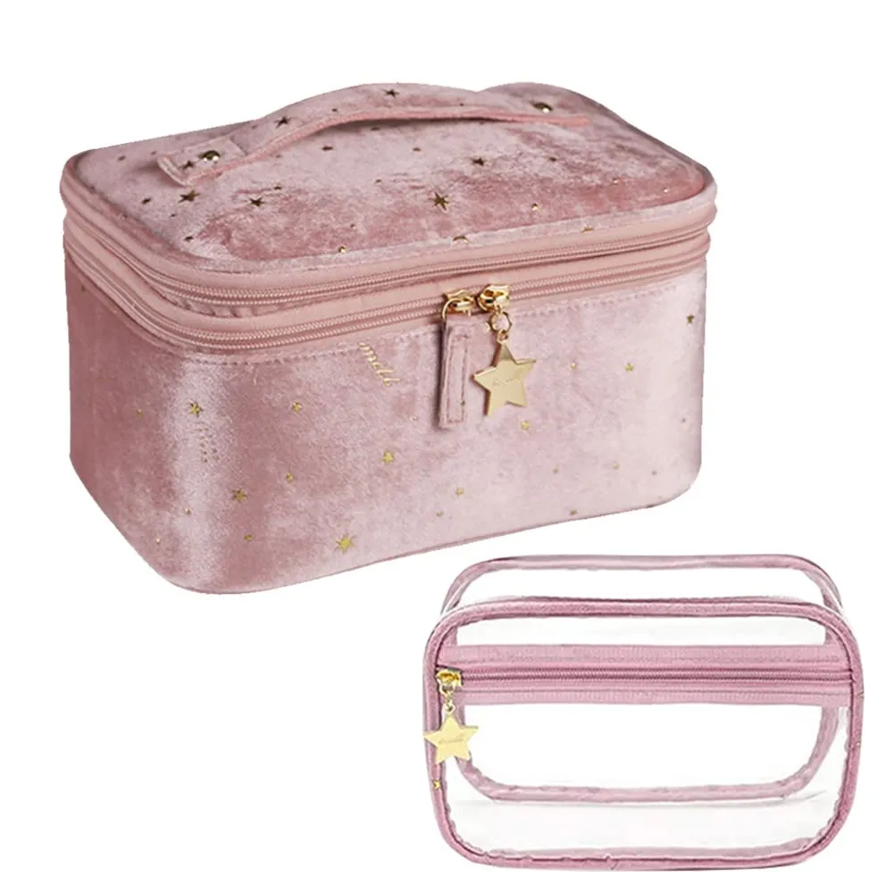 HOYOFO Double-layer Makeup Bags for Women Multifunctional Travel Cosmetic Bag Set of 2 Velvet Cosmetic Storage Case with Brush Holders (F-Pink Set)