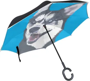Husky Dog Reverse Inverted Inside Out Umbrella Cars Unigue Windproof UV Proof Double Layer for Women