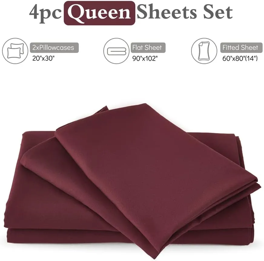 ILAVANDE Queen Sheets Set 4 Piece, Hotel Luxury Super Soft 1800 Series Microfiber Queen Bed Sheets Set-Wrinkle Free & Breathable-14 Deep Pocket Burgundy Sheets for Queen Size Bed(Queen,Burgundy)