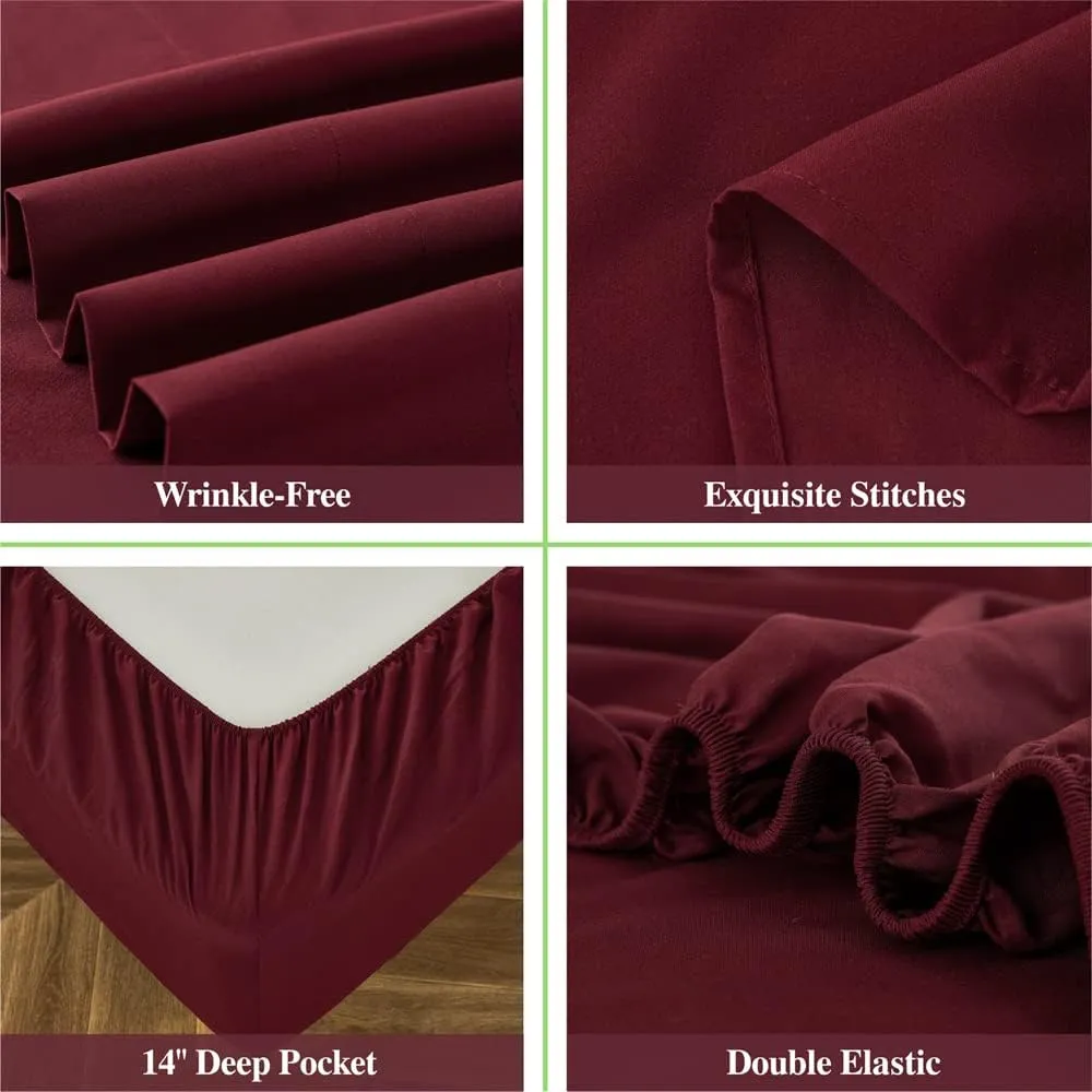 ILAVANDE Queen Sheets Set 4 Piece, Hotel Luxury Super Soft 1800 Series Microfiber Queen Bed Sheets Set-Wrinkle Free & Breathable-14 Deep Pocket Burgundy Sheets for Queen Size Bed(Queen,Burgundy)