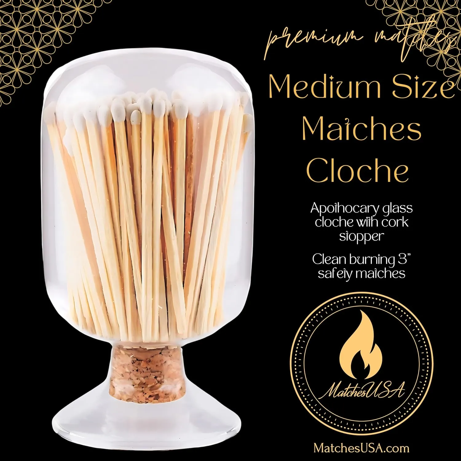 Includes Matches ! | Decorative Glass Matches Cloche | Bottle Jar Fireplace Candle Match Holder Gift Set (White)