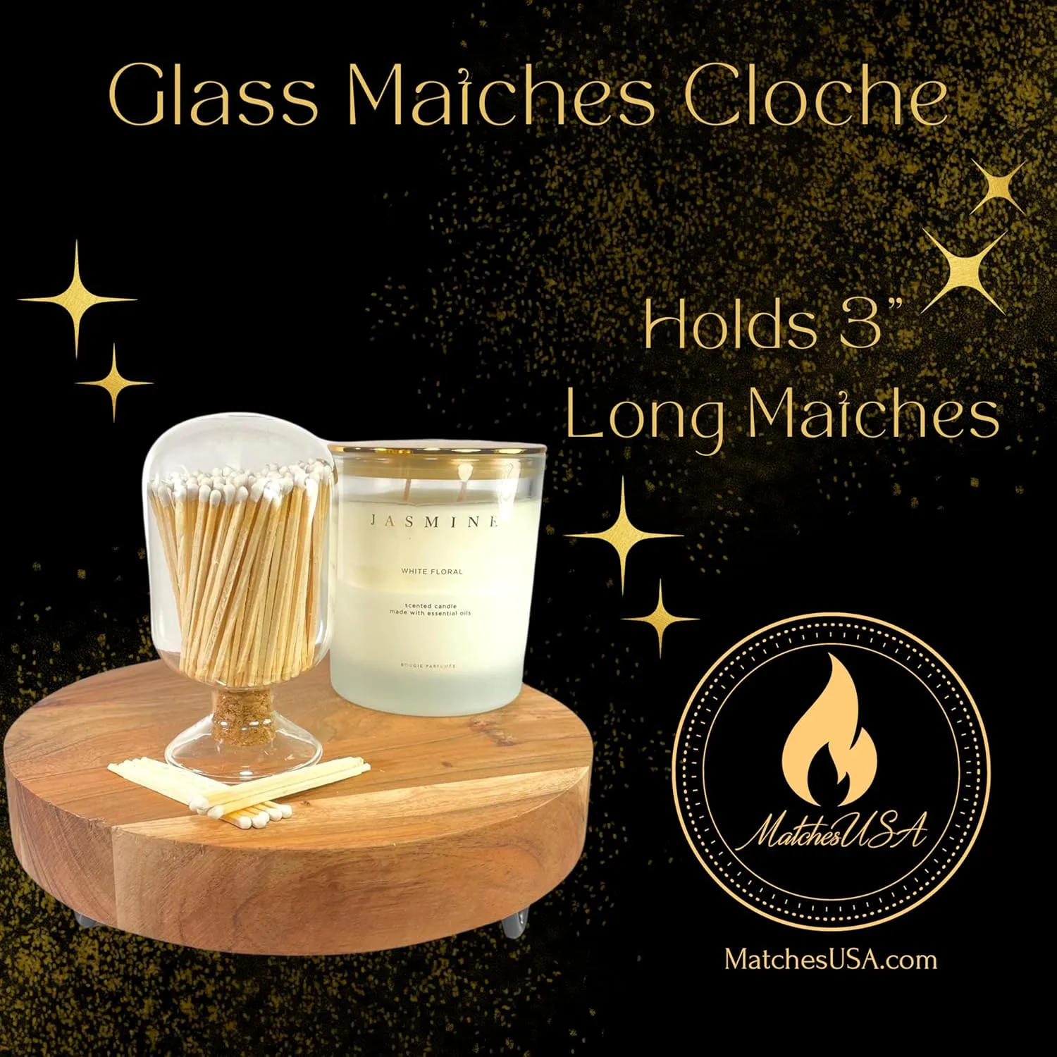 Includes Matches ! | Decorative Glass Matches Cloche | Bottle Jar Fireplace Candle Match Holder Gift Set (White)