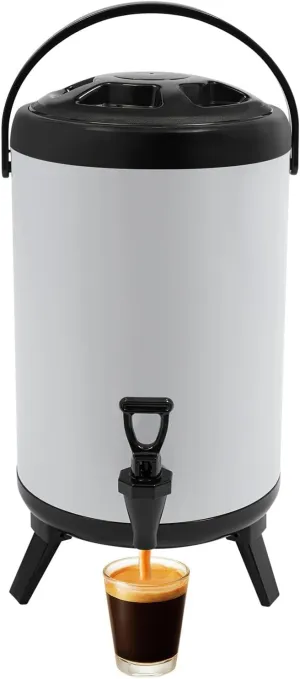 Insulated Beverage Dispenser, 10L/2.64Gal Stainless Steel Iced Drink Dispenser, 4-8 h Insulation Hot/Cold Coffee Dispensers, Tabletop Round Container w/ Faucet for Milk Tea, Juice, 9.45*12.99in White